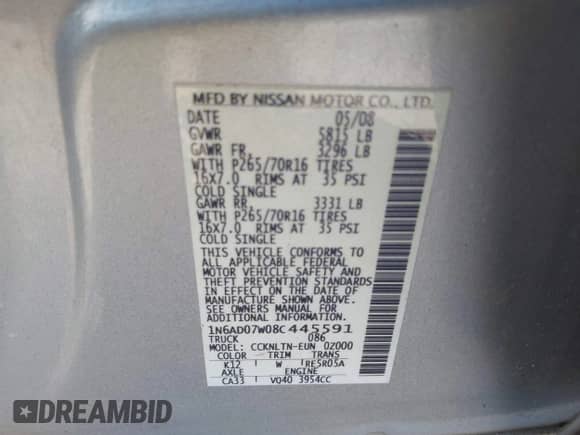 2008 Nissan Frontier SE with VIN 1N6AD07W08C445591, listed as a IAAI auction lot 41942470 with 195,055 mi miles and . Bid and sale history available at DreamBid. Image 9.