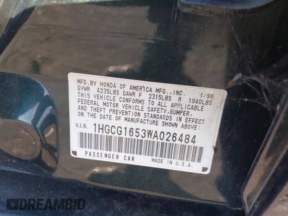 1998 Honda Accord EX z VIN 1HGCG1653WA026484, wystawiony jako IAAI lot #43354727 z przebiegiem 74 500 mil mil oraz . Historia ofert i sprzedaży dostępna na DreamBid. Obrazek 9.