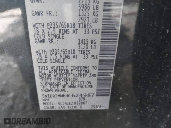 2017 Nissan Pathfinder Platinum with VIN 5N1DR2MM6HC624987, listed as a IAAI auction lot 42485249 with 130,489 mi miles and . Bid and sale history available at DreamBid. Image 9.