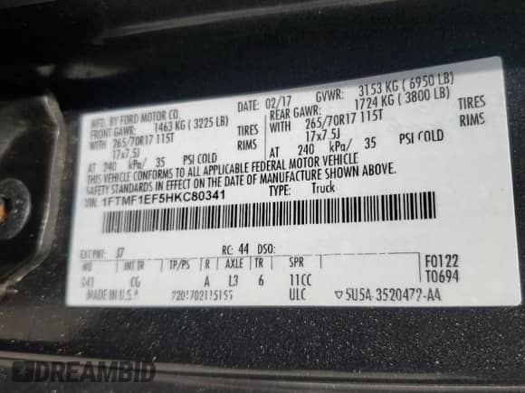 2017 Ford F-150 XL with VIN 1FTMF1EF5HKC80341, listed as a Copart auction lot 67580865 with 121,732 mi miles and Salvage title. Bid and sale history available at DreamBid. Image 13.