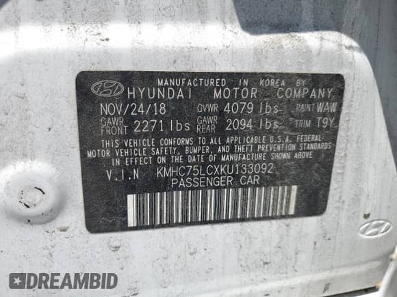 2019 Hyundai Ioniq SEL с VIN KMHC75LCXKU133092, выставлен на аукционе Copart как лот 68004535 с пробегом 172 587 миль миль и Списание • Salvage title. История ставок и продаж доступна на DreamBid. Изображение 12.