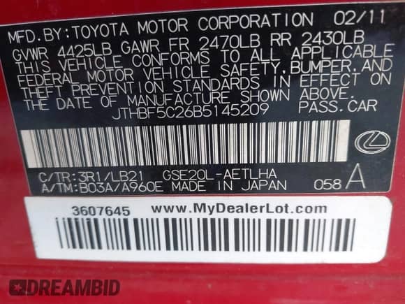 2011 Lexus IS 250 z VIN JTHBF5C26B5145209, wystawiony jako IAAI lot #43521882 z przebiegiem 311 108 mil mil oraz . Historia ofert i sprzedaży dostępna na DreamBid. Obrazek 9.