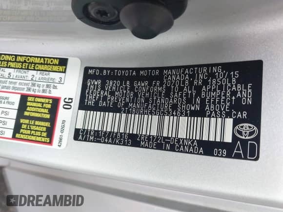 2016 Toyota Corolla L with VIN 2T1BURHE5GC534631, listed as a IAAI auction lot 43330394 with 34,465 mi miles and . Bid and sale history available at DreamBid. Image 9.