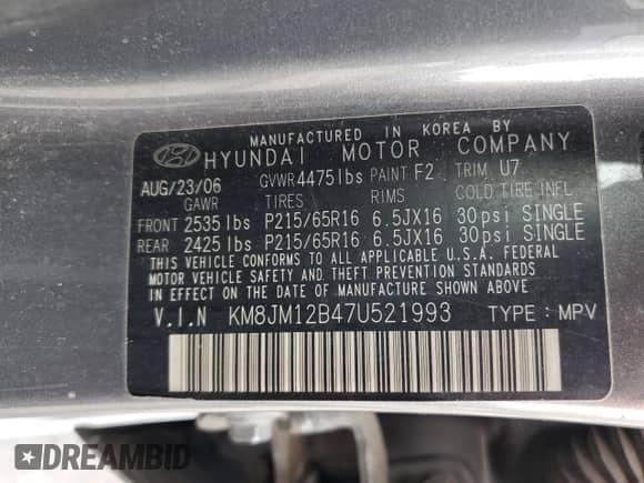 2007 Hyundai Tucson GLS с VIN KM8JM12B47U521993, выставлен на аукционе Copart как лот 69098395 с пробегом Не указан миль и Списание • Salvage title. История ставок и продаж доступна на DreamBid. Изображение 13.