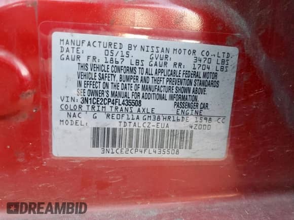 2015 Nissan Note SV z VIN 3N1CE2CP4FL435508, wystawiony jako Copart lot #85124725 z przebiegiem Nie podano mil oraz Szkoda całkowita • Salvage title. Historia ofert i sprzedaży dostępna na DreamBid. Obrazek 13.