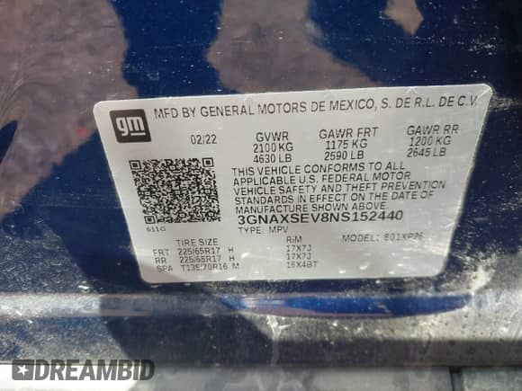 2022 Chevrolet Equinox LS with VIN 3GNAXSEV8NS152440, listed as a IAAI auction lot 42458916 with 26,735 mi miles and . Bid and sale history available at DreamBid. Image 9.