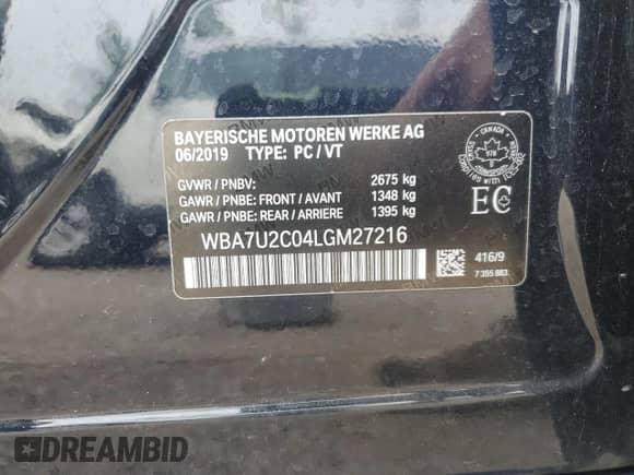 2020 BMW 7 Series 750i xDrive with VIN WBA7U2C04LGM27216, listed as a Copart auction lot 66707815 with Not provided miles and Salvage title. Bid and sale history available at DreamBid. Image 12.