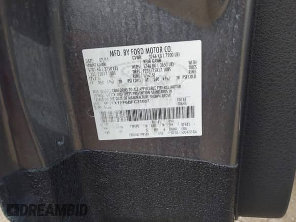 2011 Ford F-150 XL with VIN 1FTFX1EF6BFC31087, listed as a IAAI auction lot 43192059 with Not provided miles and . Bid and sale history available at DreamBid. Image 9.