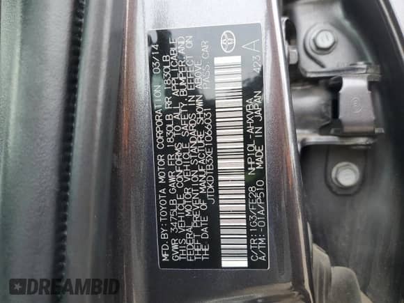 2014 Toyota Prius One с VIN JTDKDTB3XE1066031, выставлен на аукционе Copart как лот 55446785 с пробегом 79 863 миль миль и Списание • Salvage title. История ставок и продаж доступна на DreamBid. Изображение 12.