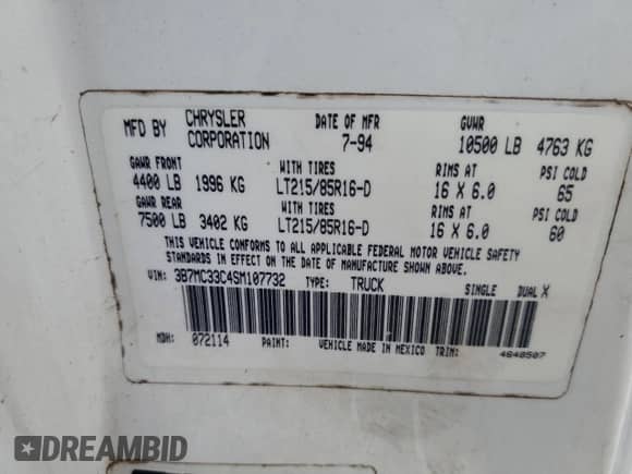 1995 Dodge 3500 with VIN 3B7MC33C4SM107732, listed as a Copart auction lot 57649255 with 268,793 mi miles and Non repairable. Bid and sale history available at DreamBid. Image 12.