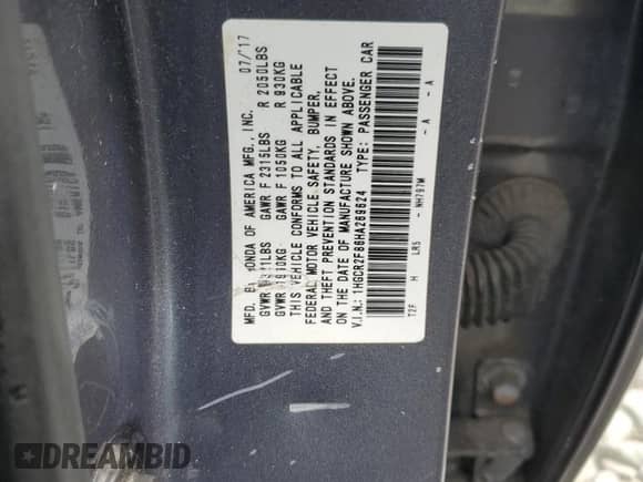 2017 Honda Accord EX-L with VIN 1HGCR2F86HA269624, listed as a Copart auction lot 81551085 with 226,325 mi miles and Salvage title. Bid and sale history available at DreamBid. Image 12.