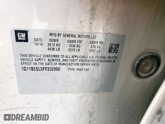 2015 Chevrolet Malibu LS z VIN 1G11B5SL5FF202866, wystawiony jako Copart lot #57571345 z przebiegiem 165 929 mil mil oraz Szkoda całkowita • Salvage title. Historia ofert i sprzedaży dostępna na DreamBid. Obrazek 13.