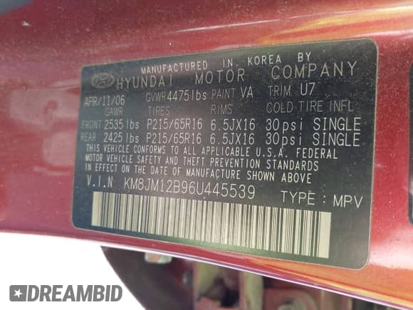 2006 Hyundai Tucson GL with VIN KM8JM12B96U445539, listed as a IAAI auction lot 43497413 with 225,987 mi miles and . Bid and sale history available at DreamBid. Image 9.