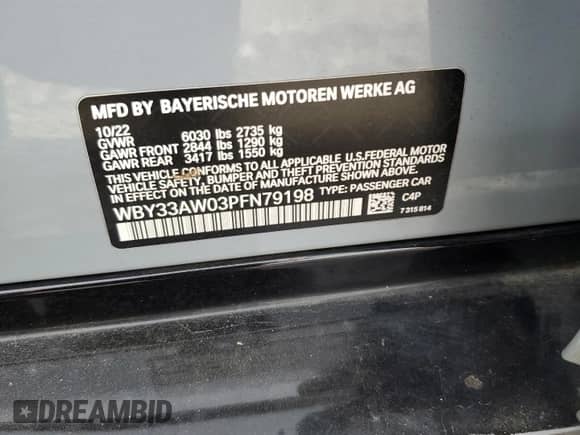 2023 BMW i4 M50 with VIN WBY33AW03PFN79198, listed as a Copart auction lot 61933085 with Not provided miles and Salvage title. Bid and sale history available at DreamBid. Image 12.