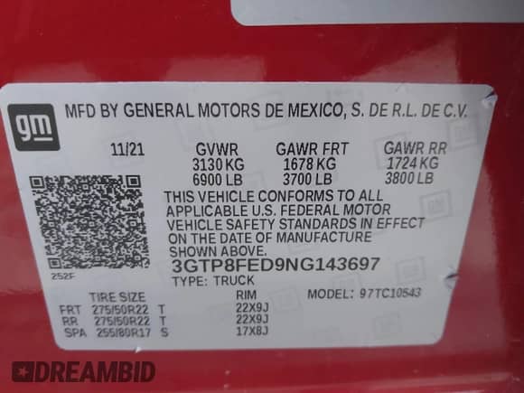 2022 GMC Sierra 1500 Denali with VIN 3GTP8FED9NG143697, listed as a IAAI auction lot 41306094 with 42,426 mi miles and . Bid and sale history available at DreamBid. Image 9.
