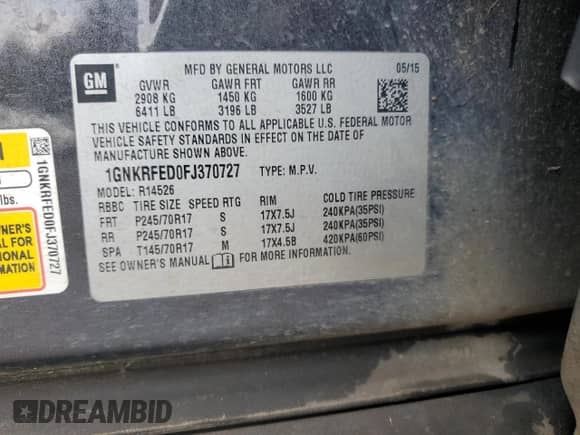 2015 Chevrolet Traverse LS with VIN 1GNKRFED0FJ370727, listed as a Copart auction lot 60500825 with Not provided miles and Salvage title. Bid and sale history available at DreamBid. Image 13.