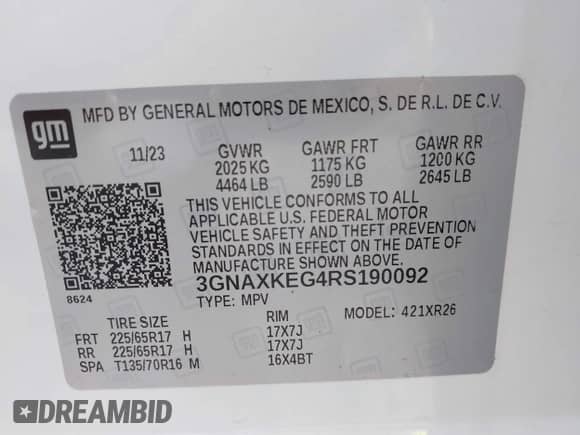 2024 Chevrolet Equinox LT с VIN 3GNAXKEG4RS190092, выставлен на аукционе IAAI как лот 42461012 с пробегом 23 347 миль миль и . История ставок и продаж доступна на DreamBid. Изображение 9.