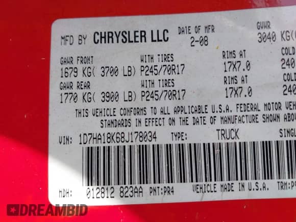 2008 Dodge 1500 ST z VIN 1D7HA18K68J178034, wystawiony jako IAAI lot #42788188 z przebiegiem 237 047 mil mil oraz . Historia ofert i sprzedaży dostępna na DreamBid. Obrazek 9.