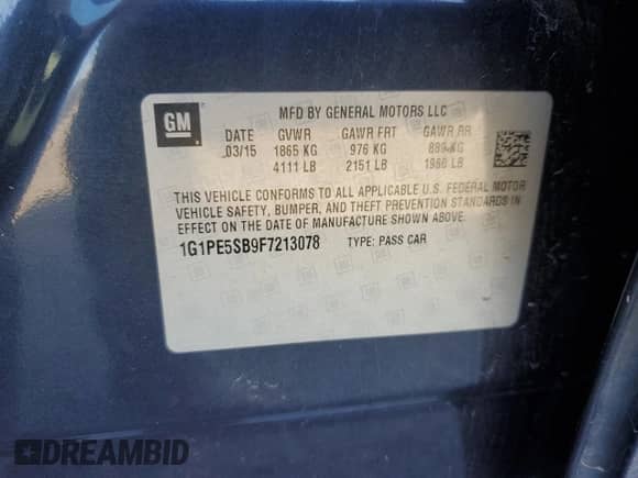 2015 Chevrolet Cruze LT с VIN 1G1PE5SB9F7213078, выставлен на аукционе Copart как лот 71529195 с пробегом 223 486 миль миль и Списание • Salvage title. История ставок и продаж доступна на DreamBid. Изображение 12.