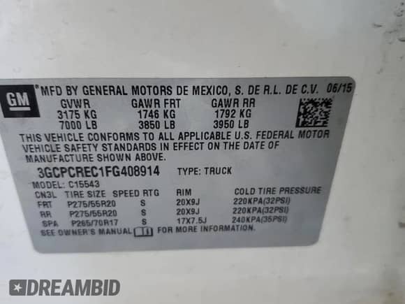 2015 Chevrolet Silverado 1500 LT z VIN 3GCPCREC1FG408914, wystawiony jako Copart lot #63656815 z przebiegiem Nie podano mil oraz Szkoda całkowita • Salvage title. Historia ofert i sprzedaży dostępna na DreamBid. Obrazek 12.
