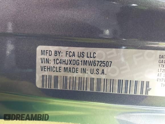 2021 Jeep Wrangler Unlimited Willys with VIN 1C4HJXDG1MW672507, listed as a IAAI auction lot 42084805 with 59,943 mi miles and . Bid and sale history available at DreamBid. Image 9.