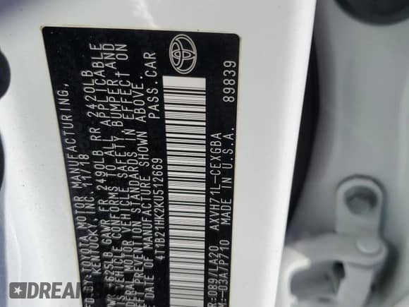 2019 Toyota Camry Hybrid LE с VIN 4T1B21HK2KU512669, выставлен на аукционе Copart как лот 67447715 с пробегом 141 772 миль миль и Списание • Salvage title. История ставок и продаж доступна на DreamBid. Изображение 12.