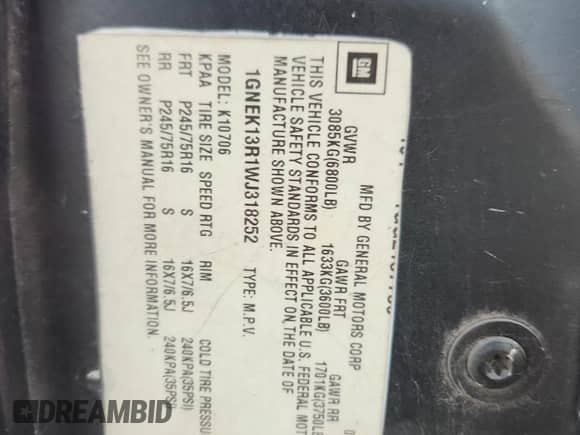 1998 Chevrolet Tahoe с VIN 1GNEK13R1WJ318252, выставлен на аукционе Copart как лот 86267815 с пробегом 248 020 миль миль и Списание • Salvage title. История ставок и продаж доступна на DreamBid. Изображение 14.