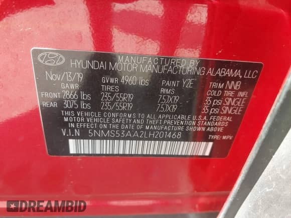 2020 Hyundai Santa Fe Limited with VIN 5NMS53AA2LH201468, listed as a IAAI auction lot 42363028 with 58,335 mi miles and . Bid and sale history available at DreamBid. Image 9.