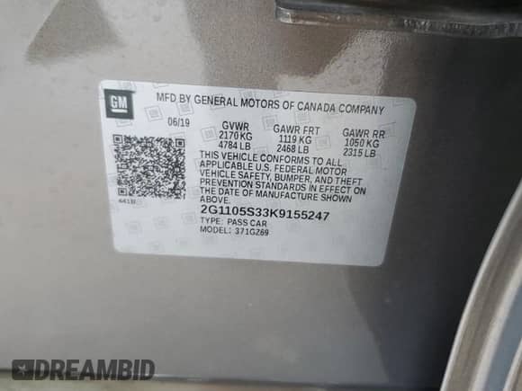 2019 Chevrolet Impala Premier с VIN 2G1105S33K9155247, выставлен на аукционе Copart как лот 64807305 с пробегом Не указан миль и Списание • Salvage title. История ставок и продаж доступна на DreamBid. Изображение 12.