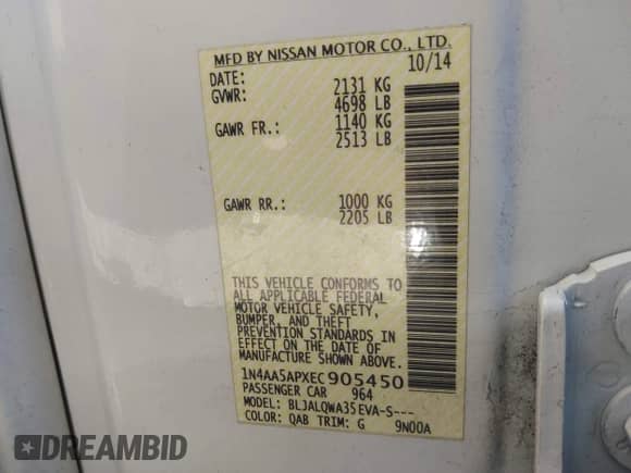 2014 Nissan Maxima SV z VIN 1N4AA5APXEC905450, wystawiony jako IAAI lot #42692323 z przebiegiem 187 955 mil mil oraz . Historia ofert i sprzedaży dostępna na DreamBid. Obrazek 9.