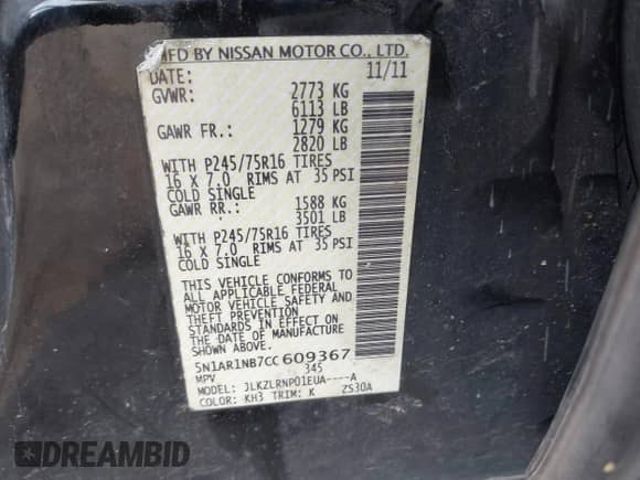 2012 Nissan Pathfinder Silver Edition with VIN 5N1AR1NB7CC609367, listed as a IAAI auction lot 42980735 with 219,858 mi miles and . Bid and sale history available at DreamBid. Image 9.