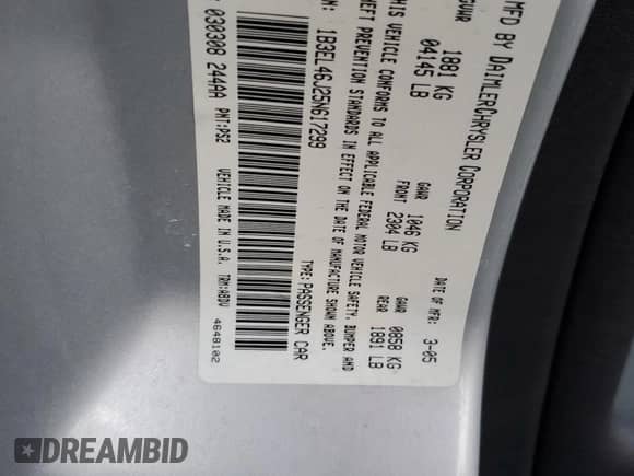 2005 Dodge Stratus with VIN 1B3EL46J25N617299, listed as a Copart auction lot 82712334 with 138,909 mi miles and Salvage title. Bid and sale history available at DreamBid. Image 12.