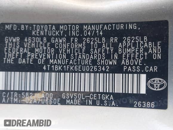 2014 Toyota Camry SE with VIN 4T1BK1FK6EU026342, listed as a IAAI auction lot 41246628 with 142,586 mi miles and . Bid and sale history available at DreamBid. Image 9.