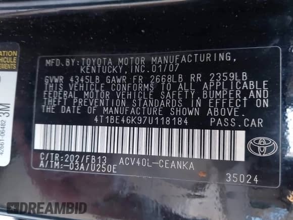 2007 Toyota Camry LE with VIN 4T1BE46K97U118184, listed as a IAAI auction lot 43332061 with 254,439 mi miles and . Bid and sale history available at DreamBid. Image 9.