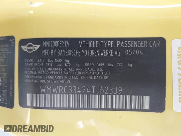 2004 MINI Hardtop with VIN WMWRC33424TJ62339, listed as a IAAI auction lot 43241929 with 147,645 mi miles and . Bid and sale history available at DreamBid. Image 9.