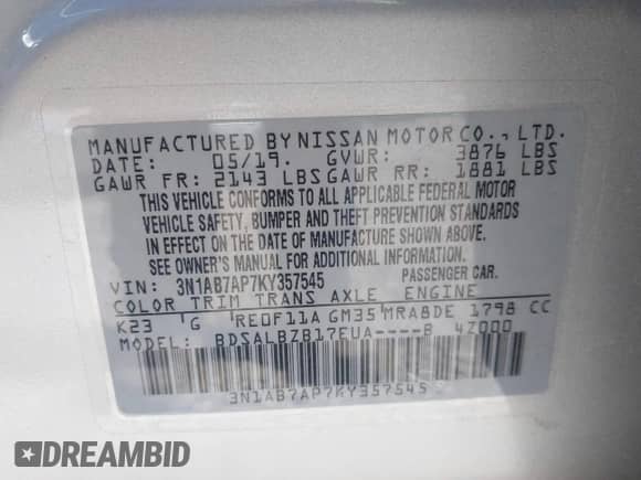 2019 Nissan Sentra S с VIN 3N1AB7AP7KY357545, выставлен на аукционе IAAI как лот 43080692 с пробегом 79 467 миль миль и . История ставок и продаж доступна на DreamBid. Изображение 9.