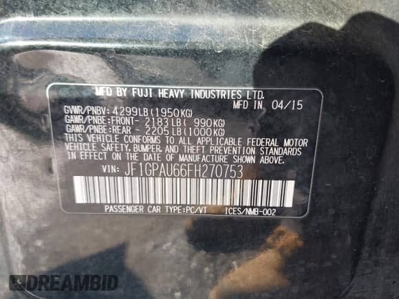 2015 Subaru Impreza Special Sports Premium z VIN JF1GPAU66FH270753, wystawiony jako IAAI lot #43495291 z przebiegiem 90 017 mil mil oraz . Historia ofert i sprzedaży dostępna na DreamBid. Obrazek 9.