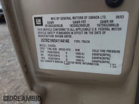 2004 GMC Sierra 1500 SLE with VIN 2GTEC19V541144140, listed as a IAAI auction lot 42439481 with Not provided miles and . Bid and sale history available at DreamBid. Image 9.