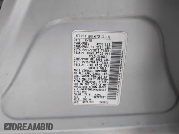2010 Nissan Rogue SL with VIN JN8AS5MT2AW030541, listed as a IAAI auction lot 43209865 with 168,149 mi miles and . Bid and sale history available at DreamBid. Image 9.