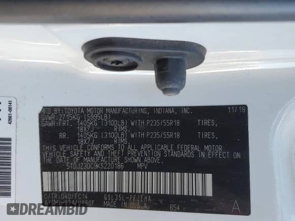 2019 Toyota Sienna LE with VIN 5TDJZ3DC9KS220186, listed as a Copart auction lot 48353315 with 196,662 mi miles and Salvage title. Bid and sale history available at DreamBid. Image 13.