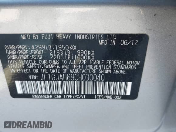 2012 Subaru Impreza Limited z VIN JF1GJAH69CH030040, wystawiony jako IAAI lot #42047722 z przebiegiem 127 807 mil mil oraz . Historia ofert i sprzedaży dostępna na DreamBid. Obrazek 9.