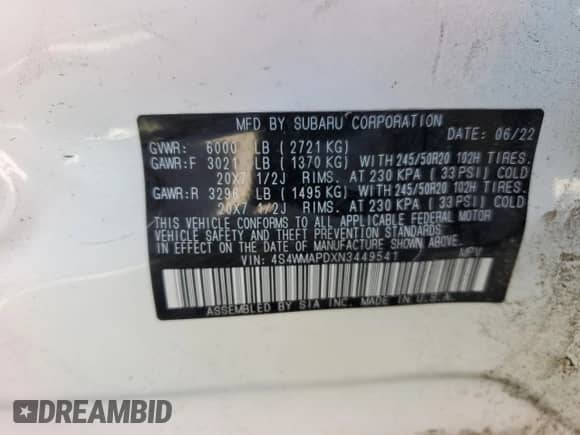 2022 Subaru Ascent Limited с VIN 4S4WMAPDXN3449541, выставлен на аукционе Copart как лот 65074005 с пробегом 47 559 миль миль и Списание • Salvage title. История ставок и продаж доступна на DreamBid. Изображение 14.