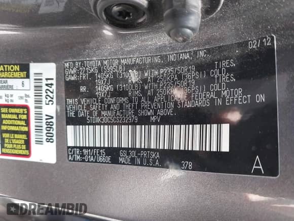 2012 Toyota Sienna SE with VIN 5TDXK3DC5CS232979, listed as a IAAI auction lot 43136504 with 198,231 mi miles and . Bid and sale history available at DreamBid. Image 9.