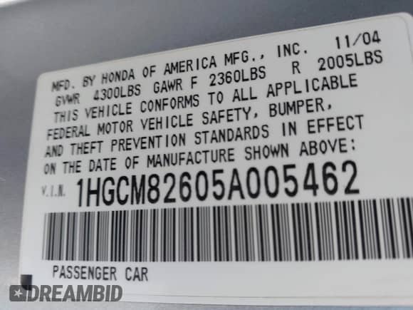 2005 Honda Accord EX-L с VIN 1HGCM82605A005462, выставлен на аукционе IAAI как лот 42761223 с пробегом 150 513 миль миль и . История ставок и продаж доступна на DreamBid. Изображение 9.