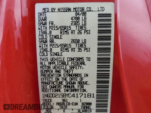 2000 Nissan Frontier XE with VIN 1N6DD21S8YC417181, listed as a Copart auction lot 58051425 with 209,746 mi miles and Clean title. Bid and sale history available at DreamBid. Image 12.
