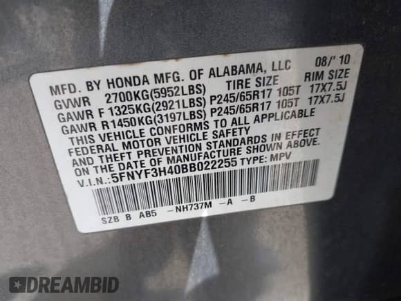 2011 Honda Pilot EX with VIN 5FNYF3H40BB022255, listed as a IAAI auction lot 43214634 with 202,374 mi miles and . Bid and sale history available at DreamBid. Image 9.