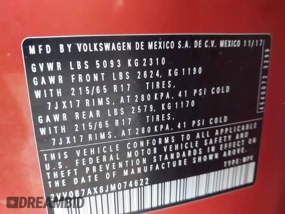 2018 Volkswagen Tiguan S с VIN 3VV0B7AX8JM074622, выставлен на аукционе IAAI как лот 42929388 с пробегом 157 251 миль миль и . История ставок и продаж доступна на DreamBid. Изображение 9.