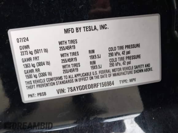 2024 Tesla Model Y with VIN 7SAYGDED8RF156984, listed as a IAAI auction lot 43324819 with 26,941 mi miles and . Bid and sale history available at DreamBid. Image 9.