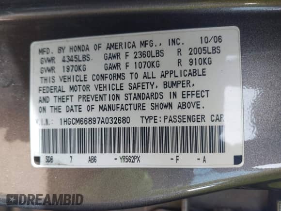 2007 Honda Accord EX-L with VIN 1HGCM66897A032680, listed as a IAAI auction lot 43188265 with 185,215 mi miles and . Bid and sale history available at DreamBid. Image 9.