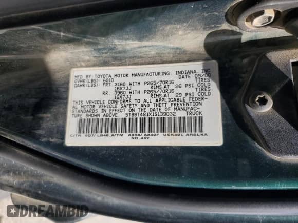 2001 Toyota Tundra Limited z VIN 5TBBT481X1S139032, wystawiony jako Copart lot #56427375 z przebiegiem 326 746 mil mil oraz Szkoda całkowita • Salvage title. Historia ofert i sprzedaży dostępna na DreamBid. Obrazek 12.